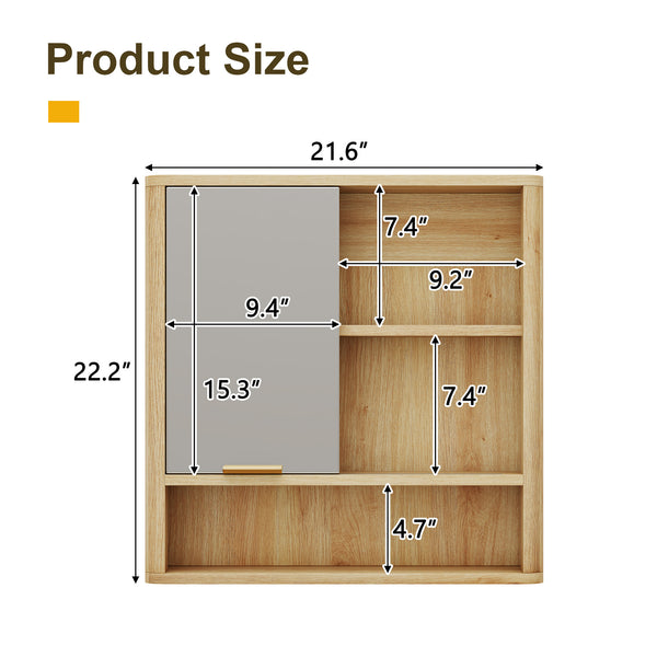 English Elm Natural Wood Tone Mdf Wall Cabinet with Mirror Open Shelves and Door for Bathroom W3875P379311