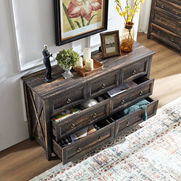 English Elm Farmhouse Tall Five Drawer Chest Rustic Oak Barn Door Style Organizer for Bedroom W2393P197410