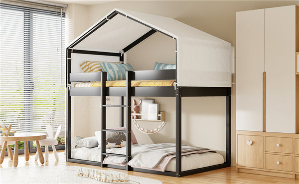 English Elm Twin Over Kids Bunk Bed with Tent Canopy Farmhouse Pinewood Playroom Frame Espresso N708P248523P