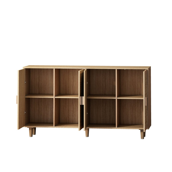English Elm 62.20"Elegant 4-Door Rattan Storage Cabinet with Solid Wood Legs, Spacious Shelves & Easy Assembly Natural W757P190066
