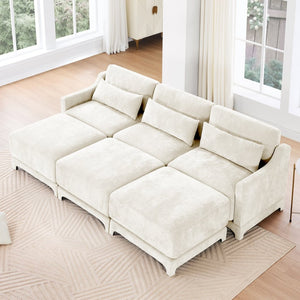 English Elm Three-Seat Sofa With 3 Movable Ottomans & Lumbar Pillow - Cozy Chenille, Ergonomic Design, Beige W714S01199-GIGA