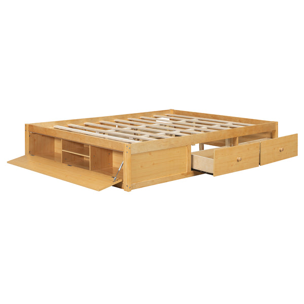 English Elm Queen Platform Storage Bed with Hydraulic Lift Footboard and Four Drawers Antique Finish Natural LP000139AAN