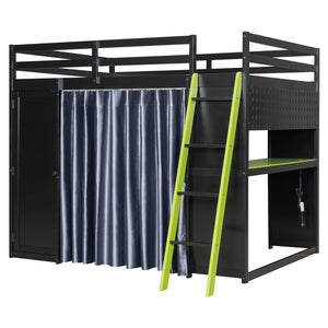 English Elm Full Size Wood Loft Bed with Wardrobe Desk Shelves Rgb Lighting and Blackout Curtains Black+Green LT000269AAF-1