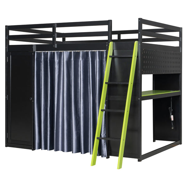 English Elm Full Size Wood Loft Bed with Wardrobe Desk Shelves Rgb Lighting and Blackout Curtains Black+Green LT000269AAF-1
