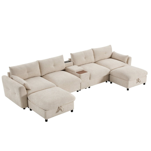 English Elm 142'' Modular Sectional Sofa - 6-Seat U-Shaped Design With Storage Ottoman & Usb Charger N723S9777A-GIGA