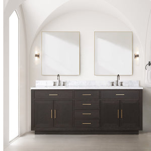 English Elm Brown Oak Double Bath Vanity With Carrara Marble Top, Soft-Close Drawers & 2 Frameless Mirrors B2731S01543