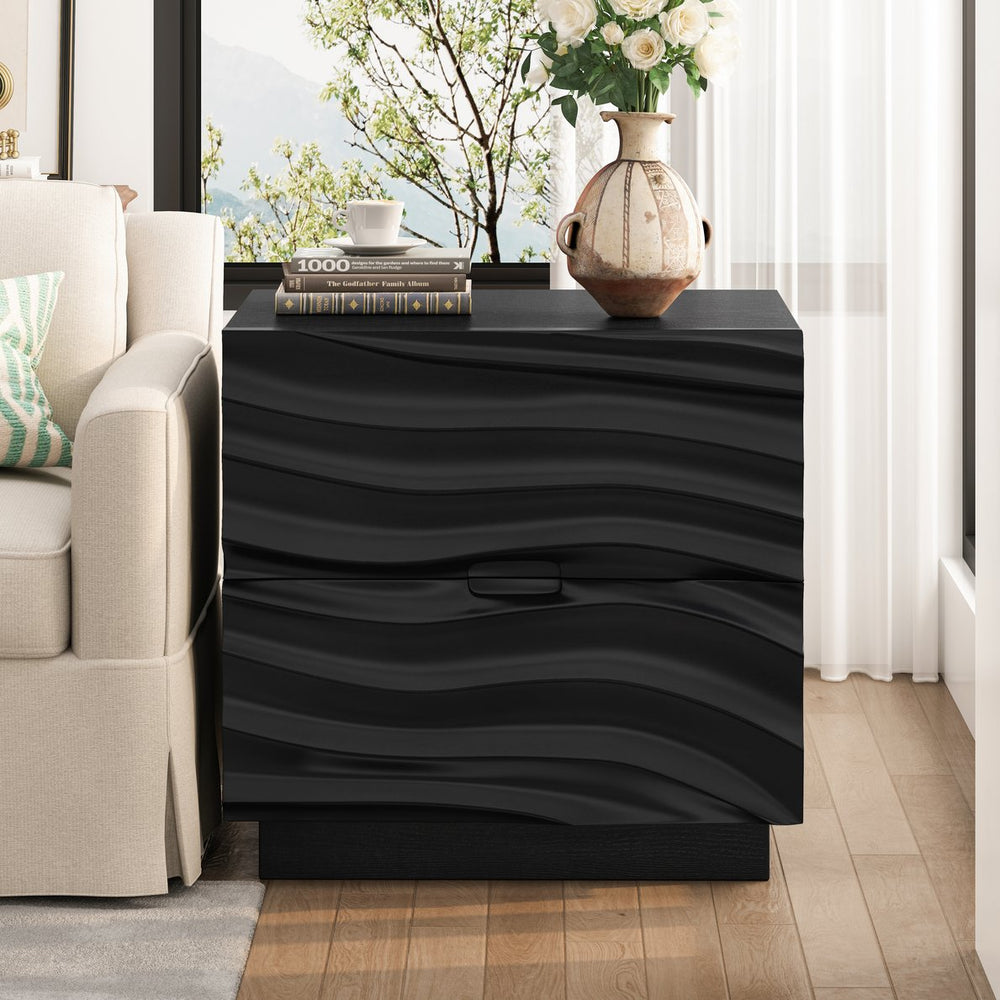 English Elm Farmhouse Nightstand Pine Wood Four Drawer Storage with Pull Out Tray Gourd Legs Black W1716P391009