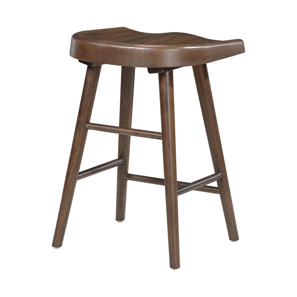 English Elm Brown Acacia Wood Counter Height Dining Set with Saddle Stools and Metal Footrest Rail B011S02271