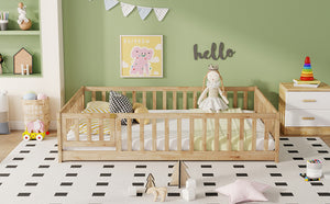 English Elm Full Size Rubberwood Floor Bed with Safety Guardrails and Latching Door for Toddlers Natural W504P429299