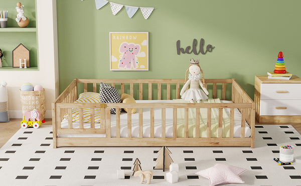 English Elm Full Size Rubberwood Floor Bed with Safety Guardrails and Latching Door for Toddlers Natural W504P429299