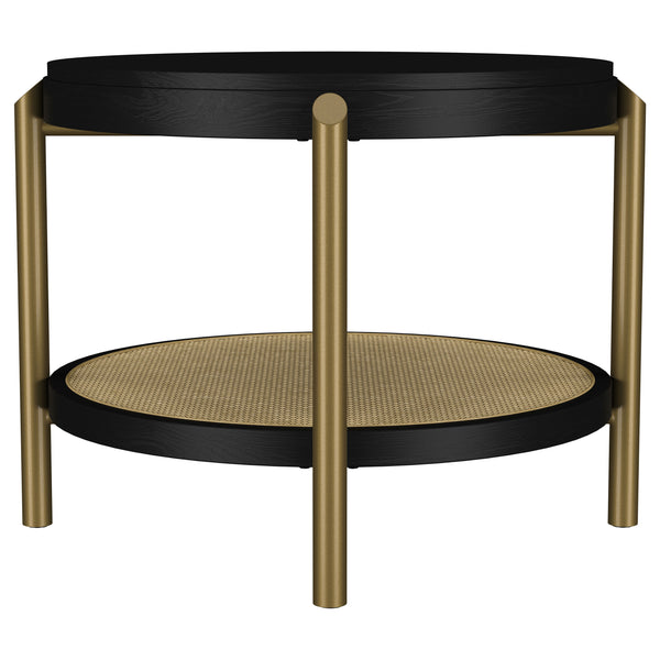 English Elm Benson Round Black End Table with Woven Rattan Shelf, Rubberwood & White Ash Veneer Accent, Sturdy Stylish 26" Surface B062P374115