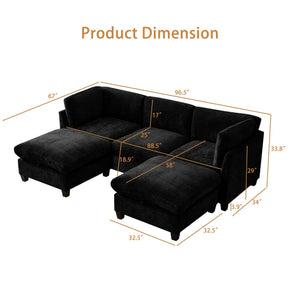 English Elm 96.5" L-shaped Chenille Sectional with Storage Ottoman Eucalyptus Frame Living Room Black W1097S00285