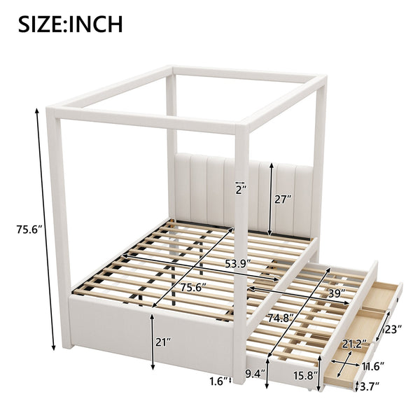 English Elm Full Full Size Upholstery Canopy Platform Bed with Trundle, 3 Drawers, Beige Linen Frame, Modern Design DL001917AAA