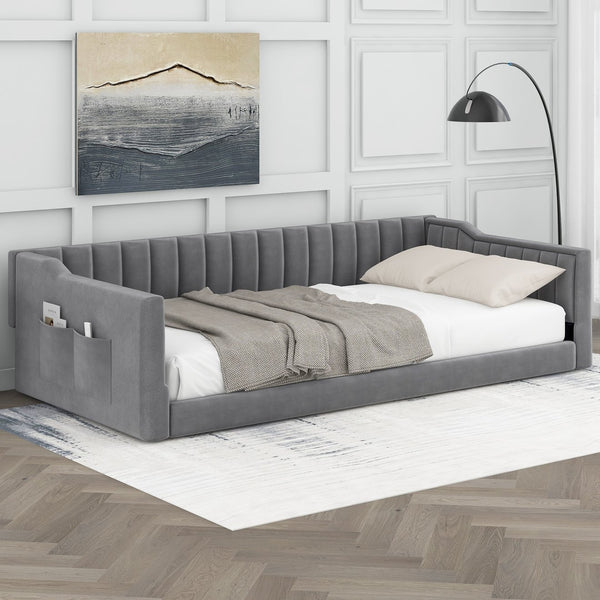 English Elm Twin XL Upholstery Daybed with Vertical Channel Tufting, Velvet Fabric, Slat Support & Side Storage Pocket for Guests Gray DL002210AAE