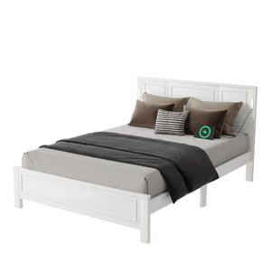English Elm Queen Pinewood Platform Bed Farmhouse Tall Panel Headboard with Led Lighting and Usb Ports White W504P391091
