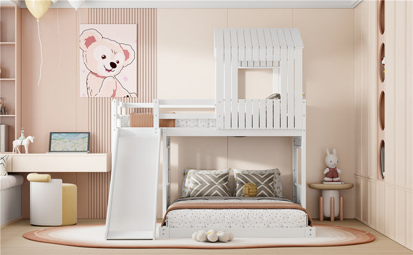 English Elm Wooden Twin Over Full Bunk Bed Farmhouse Playhouse Slide Pinewood Kids Loft White LT000328AAK
