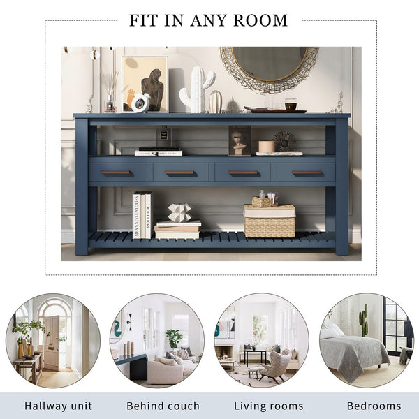 English Elm U_style Wide Painted Console Table Four Drawers Open Shelves Foyer Living Room Navy Blue N711P410406V