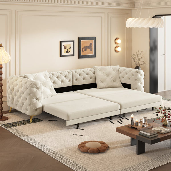 English Elm 97.6" Oversized Velvet Chesterfield Sleeper Sofa Floral Tufted Roll Arm Living Room Couch Beige+White W1885S00200