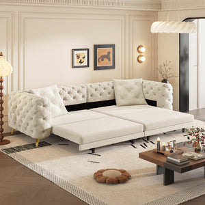 English Elm 97.6" Oversized Velvet Chesterfield Sleeper Sofa Floral Tufted Roll Arm Living Room Couch Beige+White W1885S00297