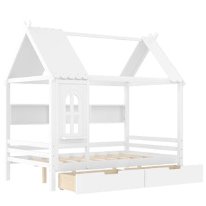 English Elm Full House Solid Wood Platform Bed with Window Roof, Under-Bed Drawers & Shelves for Kids' Rooms Light White W1580S00267