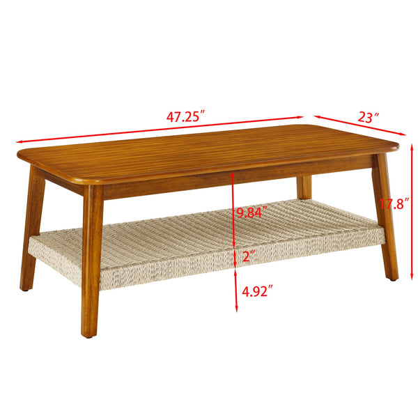 English Elm 47.25" Mid-Century Coffee Table with Woven Rattan Shelf, Wood Grain MDF Top & Solid Rubberwood Legs W1801P195652