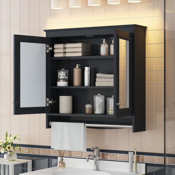 English Elm 3-in-1 Wall Mounted Medicine Cabinet with Soft Close Door Adjustable Shelves and Towel Bar Black N710P405415B