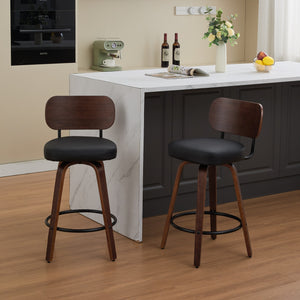 English Elm Swivel Mid Century Counter Stools Set of 2 with 360° Swivel, Walnut Bentwood Back and PU Seat Black W1143P300155