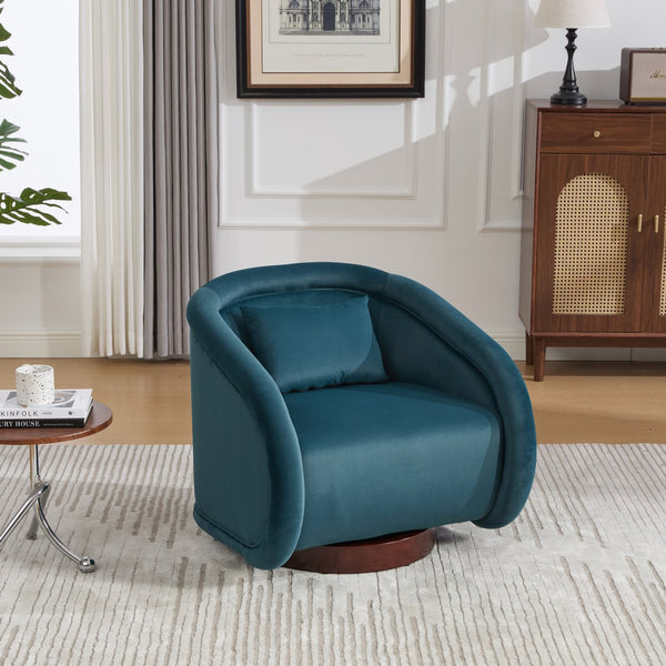 English Elm Swivel Barrel Chair Pumpkin Sculptural Velvet Upholstered with Walnut Wood Round Base Teal W3244P427742