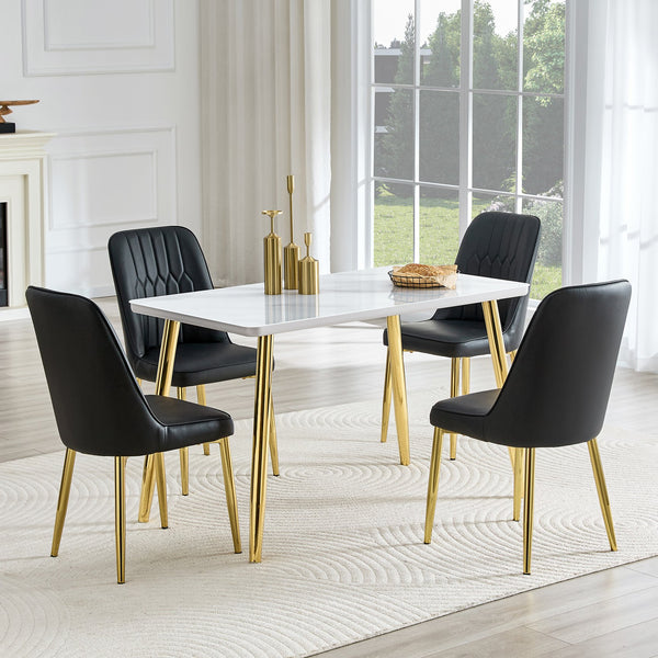 English Elm Table and Chair Set Marble Glass Top Gold Legs with Four Pu Leather Dining Seats W1151S04634
