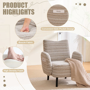 English Elm Modern Bouclé Armchair with High-Density Foam, Side Pocket & Solid Wood Legs for Cozy Reading Spots khaki W395P376567