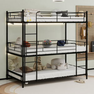English Elm Heavy-duty triple bunk bed frame with built-in ladder, full guardrails, metal slats, space-saving design Black W1935P330699