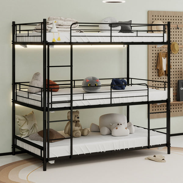 English Elm Heavy-duty triple bunk bed frame with built-in ladder, full guardrails, metal slats, space-saving design Black W1935P330699