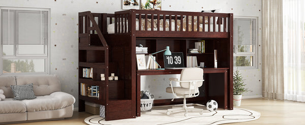 English Elm Twin Loft Bed with Movable Desk Open Shelving and Storage Stairs in Espresso W1580S00336