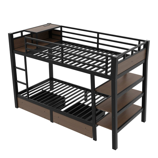 English Elm Full Size Metal Loft Bed with Stair Storage Shelves Bookshelf for Dorms Bedroom W1580S00346