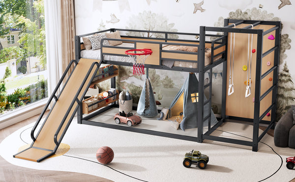 English Elm Twin Metal Loft Bed with Slide Basketball Hoop Climbing Wall and Built-in Shelves W1580S00631