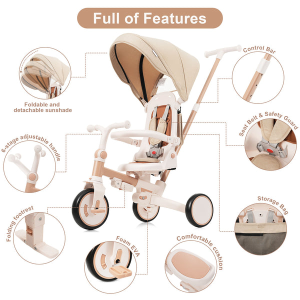 English Elm 7 in 1 Convertible Toddler Trike Aluminum Foldable Push Bike with Canopy for Ages 1 to 6 Light Brown N726P248345B