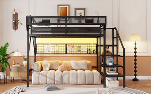 English Elm Queen Metal Loft Bed with Stair Storage Wardrobe Rgb Lighting for Teens Adults W2580S00052