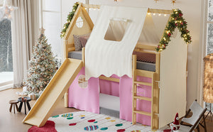 English Elm Twin Pine Loft Bed with House Frame Tent Led Lights Slide and Floor Space Below W1580S00289