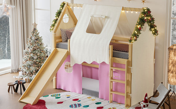 English Elm Twin Pine Loft Bed with House Frame Tent Led Lights Slide and Floor Space Below W1580S00289