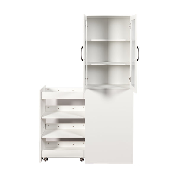 English Elm 70.87" Modern Display Storage Cabinet with 4-Tier Pull-Out Shelves, Dual Glass Doors for Home White W331P295245
