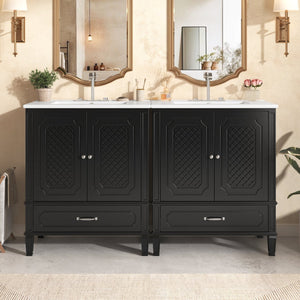 English Elm Christopher Knight Home® - 60" Bathroom Vanity Double Sink Freestanding Set with Ceramic Tops, Ample Adjustable Storage Black N759S313313B
