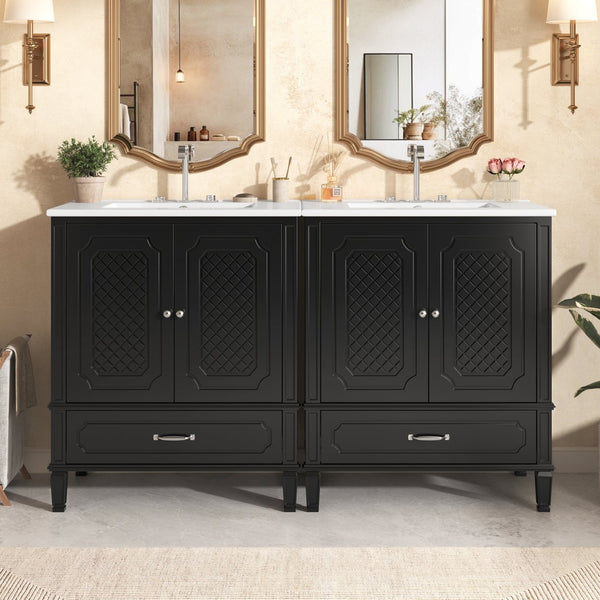 English Elm Christopher Knight Home® - 60" Bathroom Vanity Double Sink Freestanding Set with Ceramic Tops, Ample Adjustable Storage Black N759S313313B