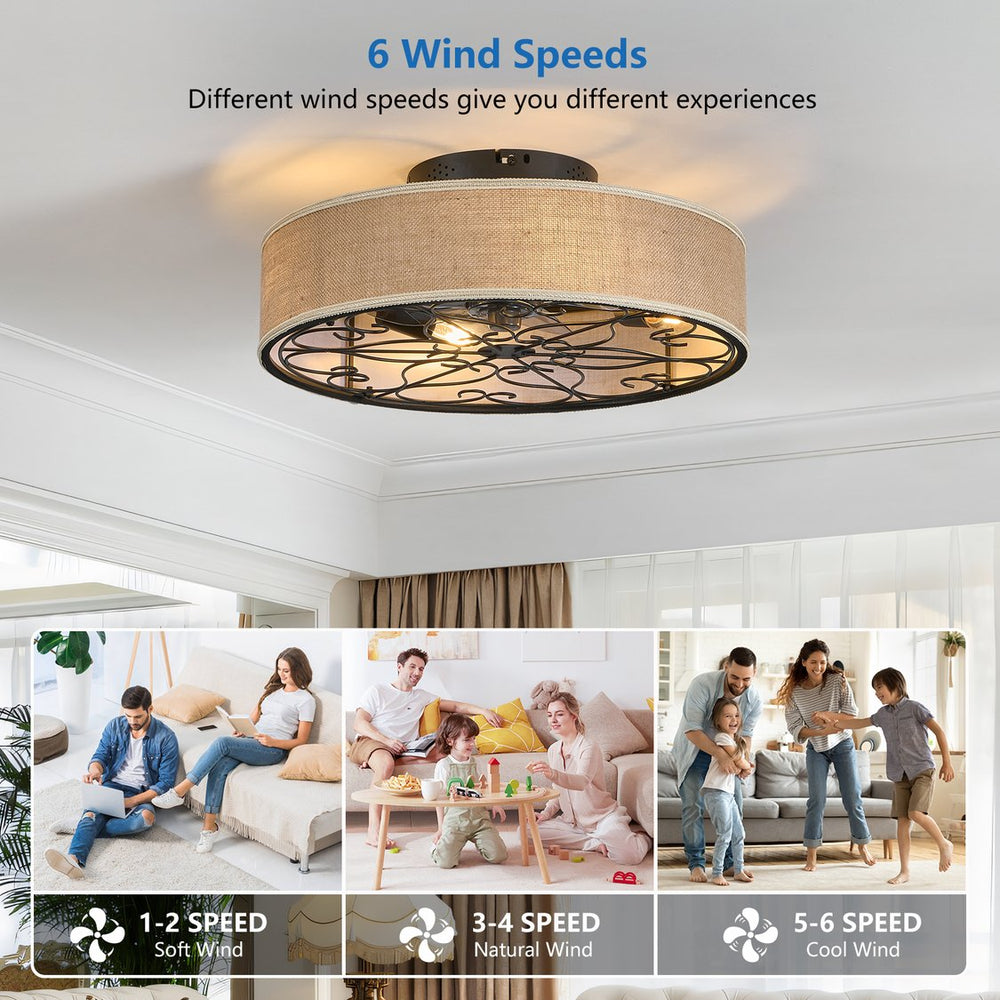 English Elm 20 20-Inch Caged Flush Mount Ceiling Fan with LED Lights, Bladeless Fabric Shade, Remote, DC Quiet W1340P343837