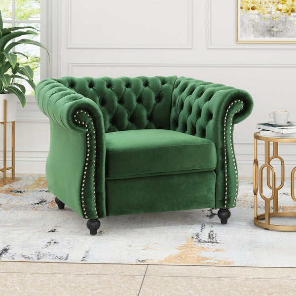 English Elm Christopher Knight Home® - Chesterfield Velvet Club Chair with Birch Wood Legs — Luxurious Textures, Deep Comfort, Elegant Accent Seating Emerald 34.75 L x 34 W x 24.75 H 66583.00