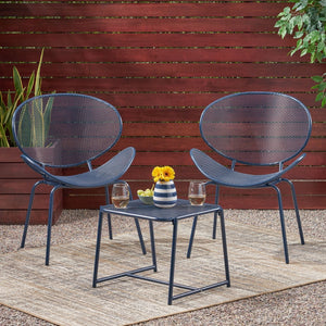 English Elm Christopher Knight Home® - ELBA Modern Mesh Shell Chat Set with Powder-Coated Iron Frame, Retro Minimal Outdoor Seating Navy Blue N775P250740N
