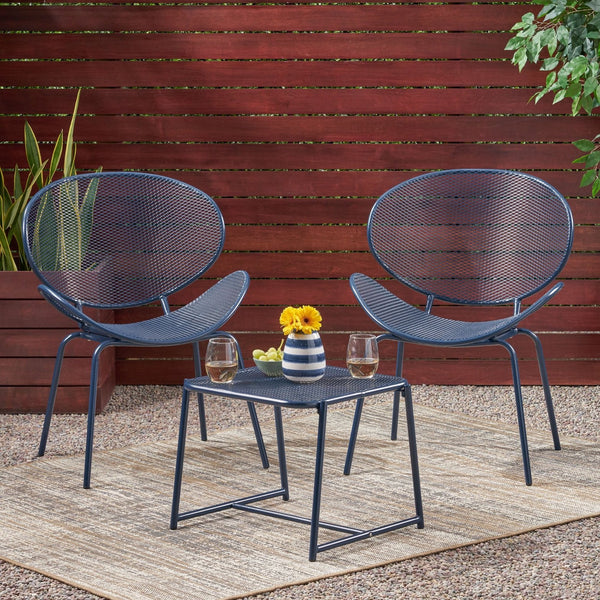 English Elm Christopher Knight Home® - ELBA Modern Mesh Shell Chat Set with Powder-Coated Iron Frame, Retro Minimal Outdoor Seating Navy Blue N775P250740N