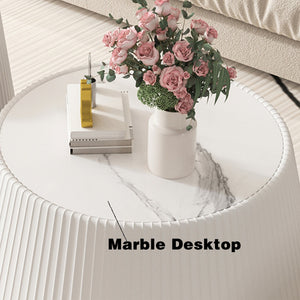 English Elm Light Sintered Stone Top Round Coffee Table with Sculpted Leather Base for Living Room Cream White,Grey W3081P367595