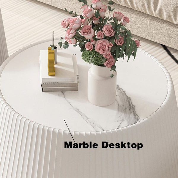 English Elm Light Sintered Stone Top Round Coffee Table with Sculpted Leather Base for Living Room Cream White,Grey W3081P367595