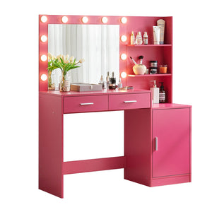 English Elm Vanity Desk with Lighted Mirror Adjustable Brightness and 2 Drawer Mdf Bedroom Table W2386P475280