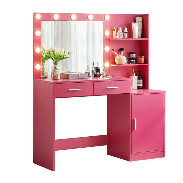 English Elm Vanity Desk with Lighted Mirror Adjustable Brightness and 2 Drawer Mdf Bedroom Table W2386P475280